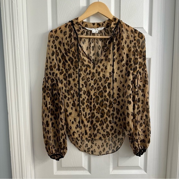 Veronica Beard Blouse Leopard Print Animal Silk Dainty Brown Work Sheer Size 00 - Picture 2 of 5